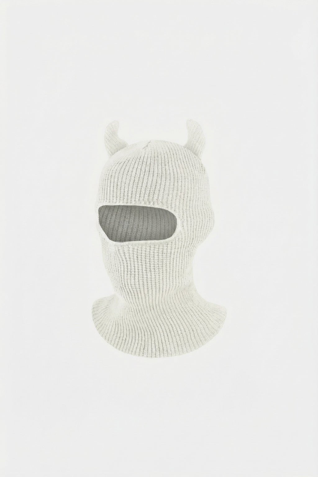 Horn Balaclava - white knit balaclava with pointed horn detail, front view
