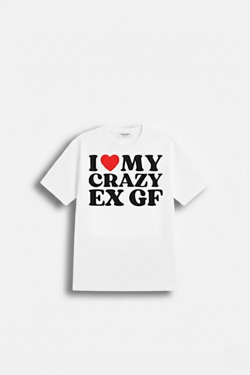 I Love My Ex T Shirt - white t-shirt with heart graphic and deadpan text, front view