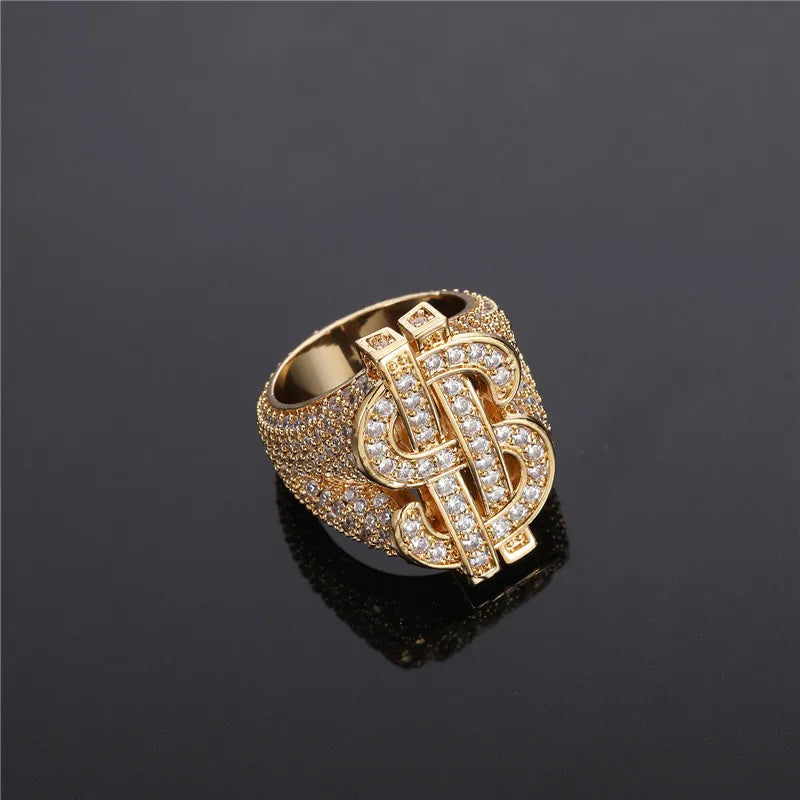 Iced Dollar Sign Ring - gold fully iced dollar sign ring, front view