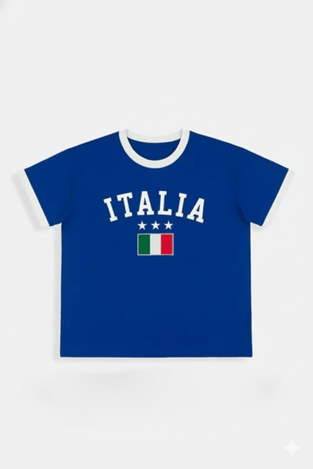 Italia Crop Top - blue ringer crop top with white trim and flag graphic, front view