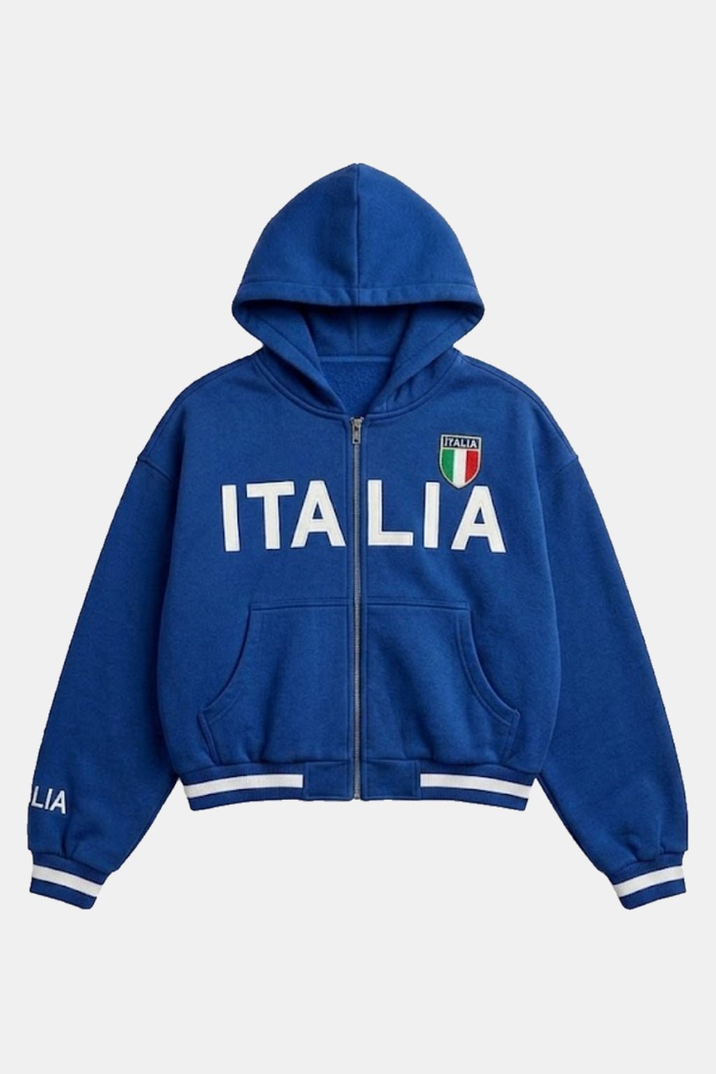 Italia Jacket - blue cropped zip hoodie with Italia graphic and white ribbed trim, front view