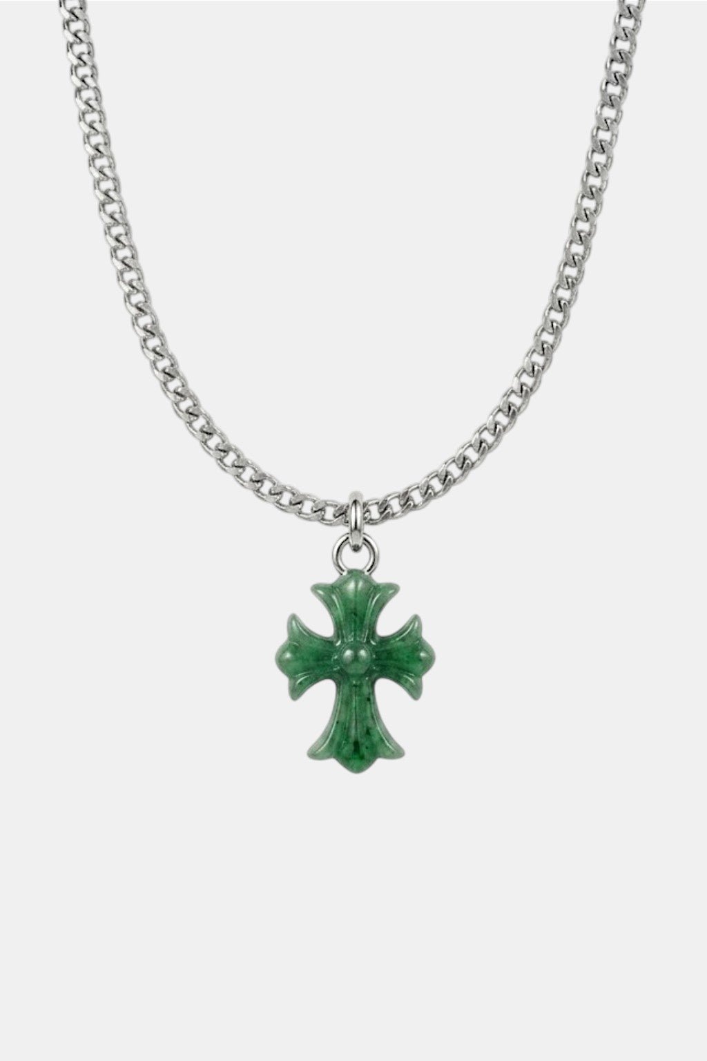 Jade Necklace - carved stone cross pendant on silver chain, front view