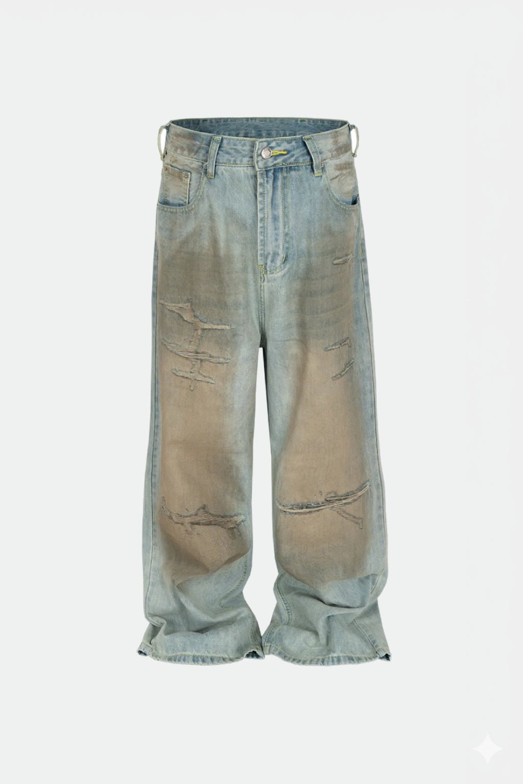 Jean Worn Effect - tan brown jeans with natural wear pattern fading, front view