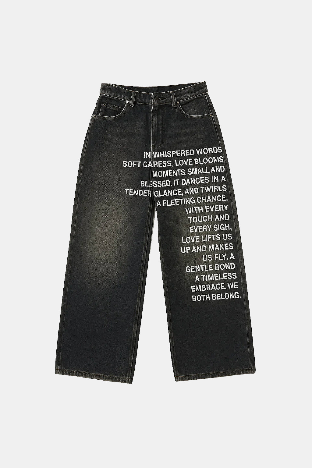 Jeans With Front Writing - black jeans with stacked text graphic across front, front view