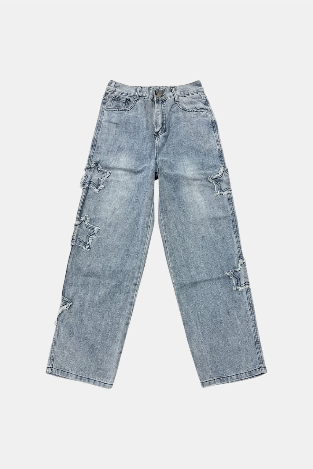 Jeans With Star Embroidery - grey wide leg jeans with tonal floral embroidery, front view