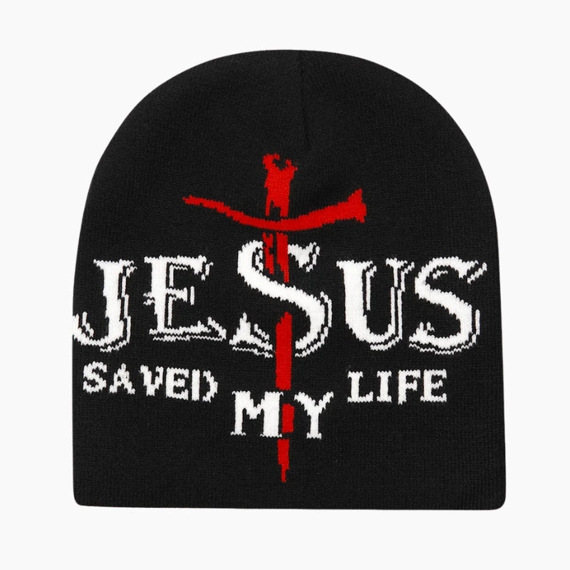 Jesus Beanie - black beanie with text graphic and red cross overlay, front view