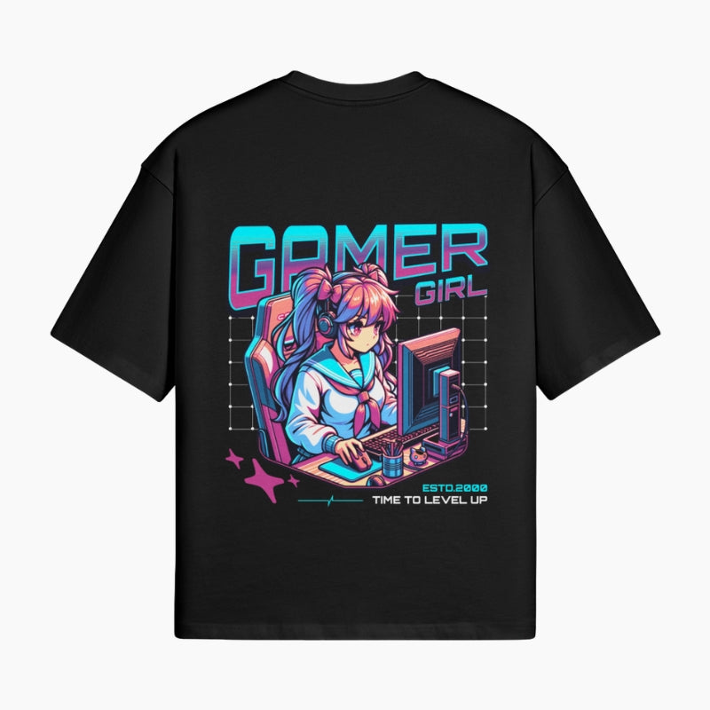 Kawaii T-Shirt Gamer Girl - black boxy tee with gamer girl character graphic on neon grid, worn view