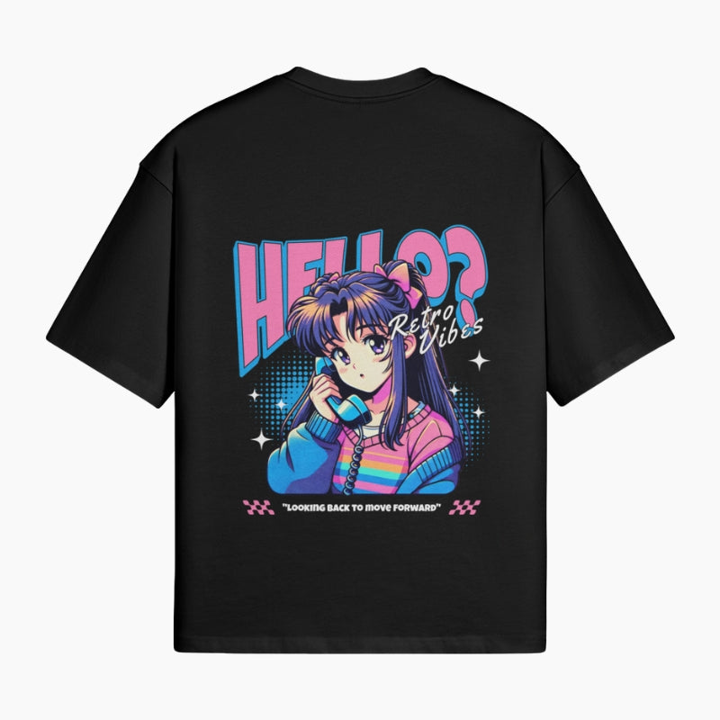 Kawaii T-Shirt Retro Vibes - black boxy tee with kawaii character graphic and Hello lettering, worn view