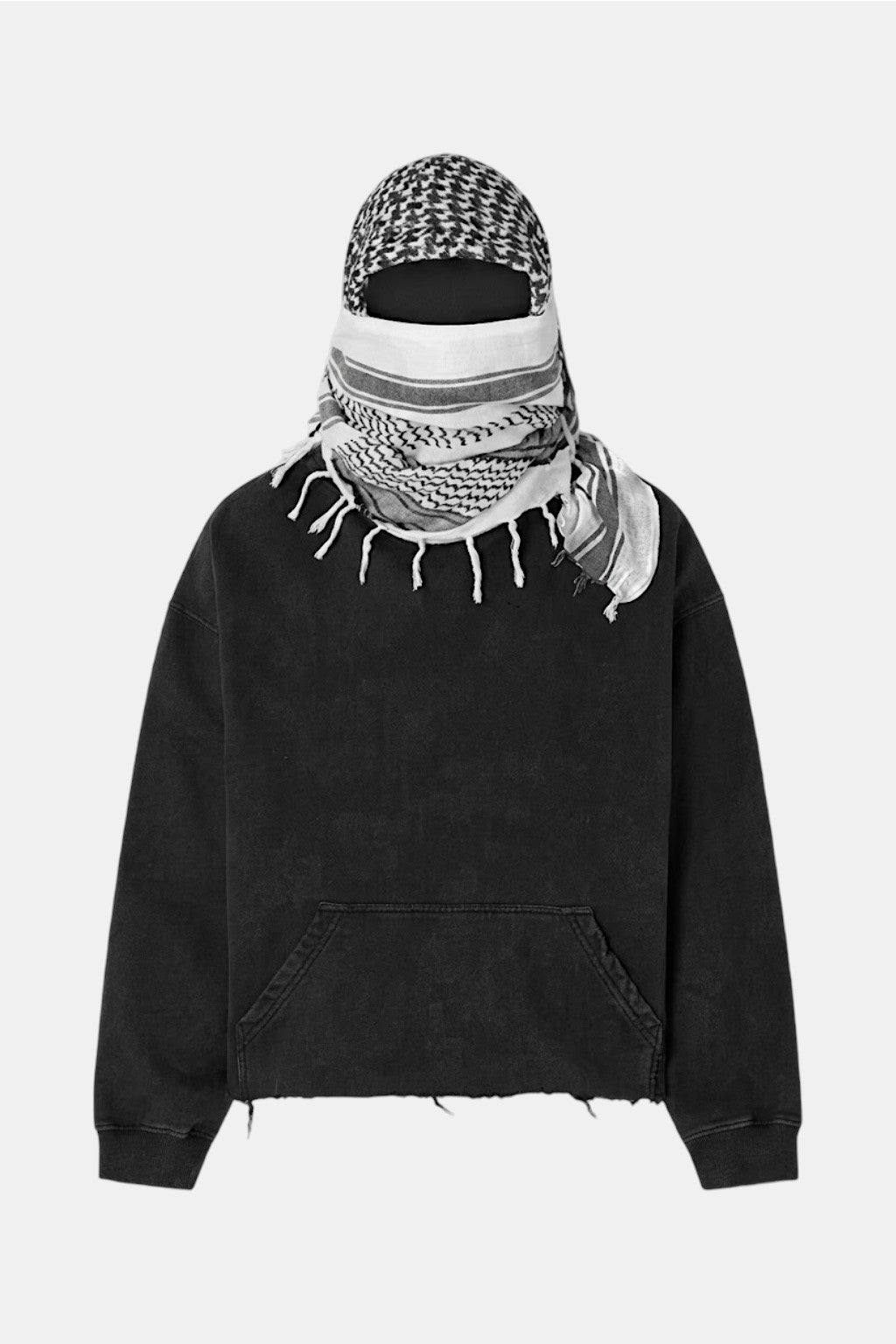 Keffieh Hoodie - black distressed hoodie styled with checkered keffiyeh wrap, front view