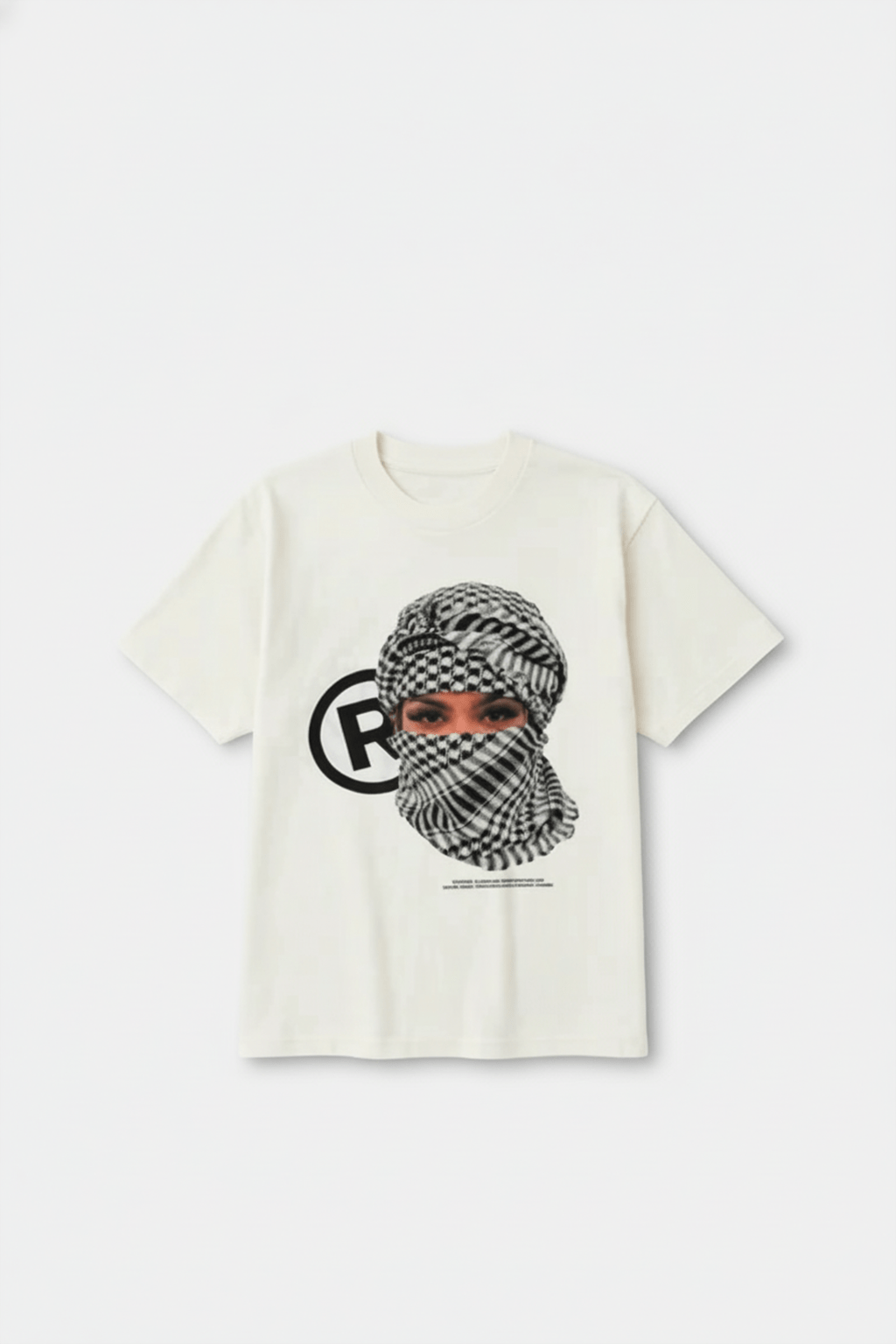 Keffieh T Shirt - black t-shirt with checkered pattern sleeve panel, front view