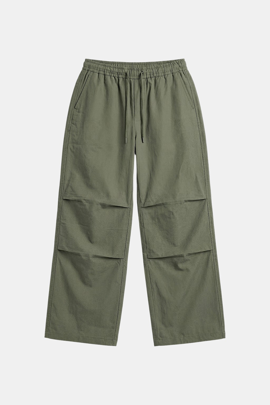 Khaki Parachute Pants - olive khaki parachute cargo pants with drawcord ankle cuffs, front view