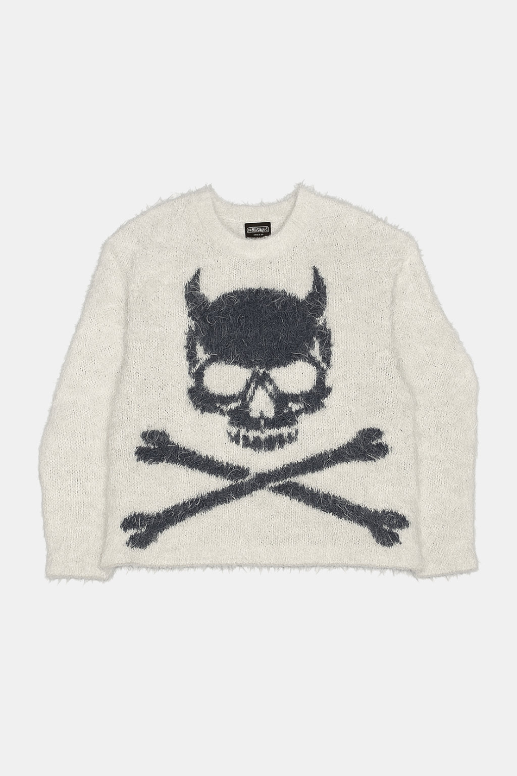 Knit Bones - oatmeal crewneck sweater with horned skull and crossbones graphic, front view