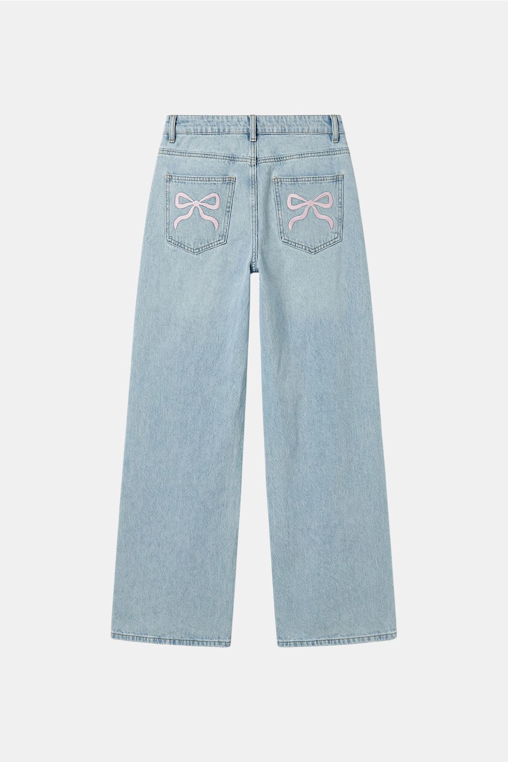Knot Jeans - light wash wide leg jeans with embroidered bow on pocket, front view