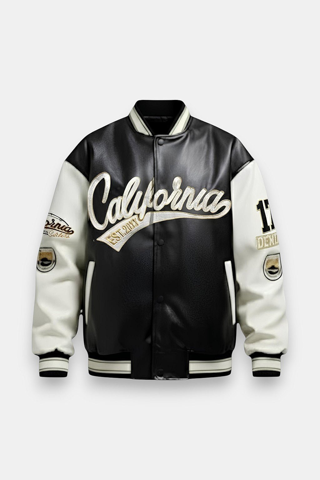 Leather Varsity Jacket - black and cream leather varsity with California script and patches, front view