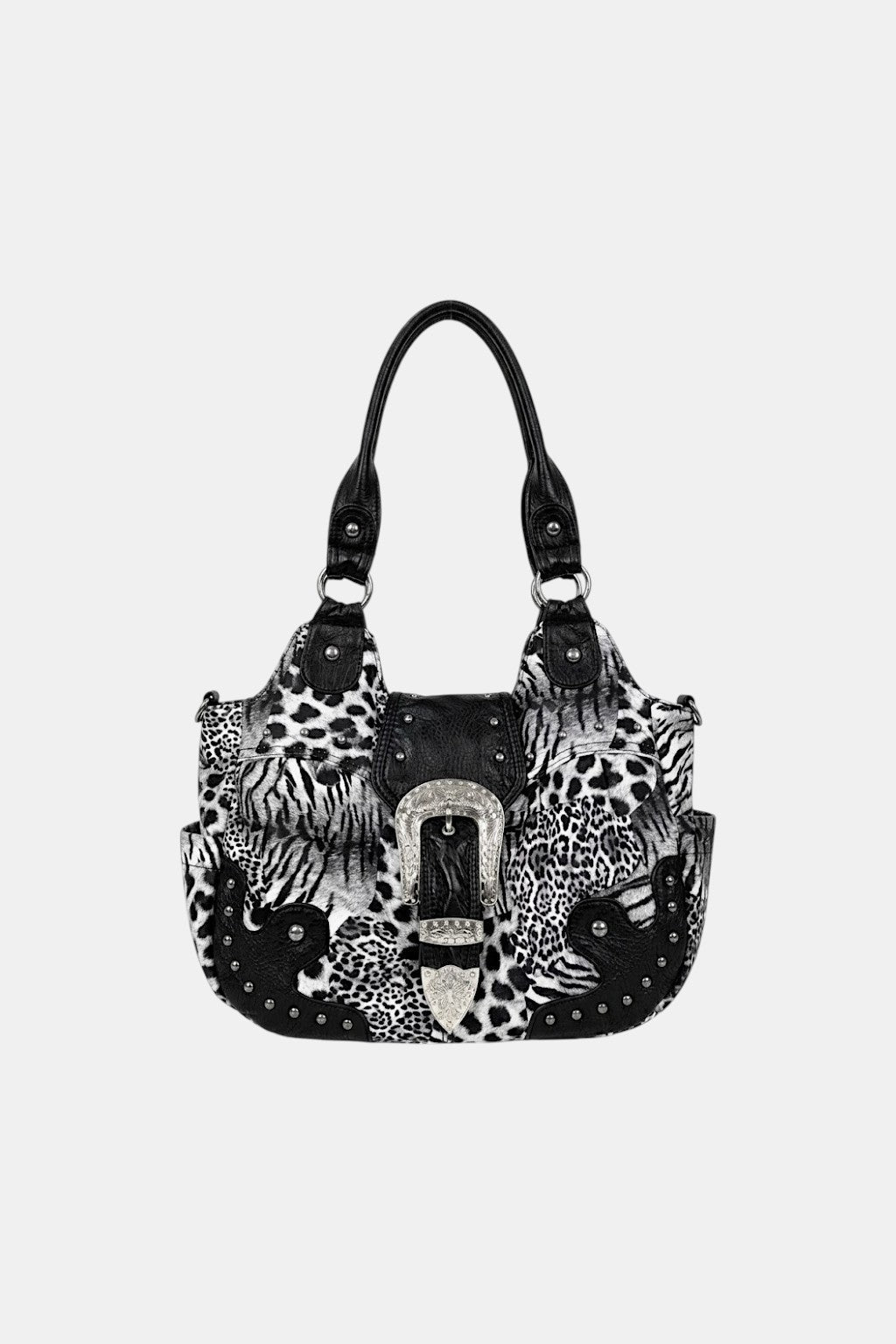 Leopard Bag - leopard print handbag with studded flap closure, front view