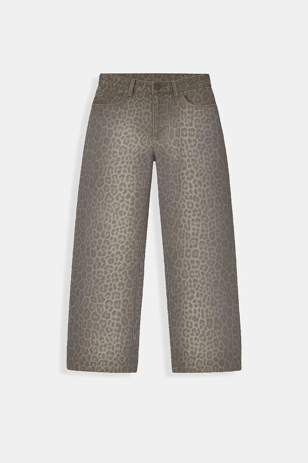Leopard Baggy Pants - taupe grey muted leopard print wide leg trousers, front view