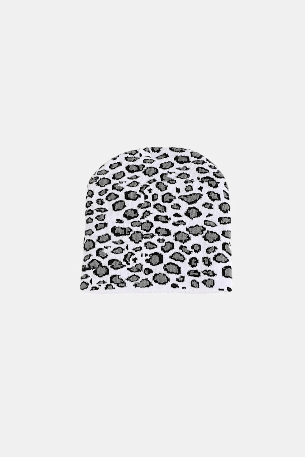 Leopard Beanie - white beanie with monochrome leopard print, front view