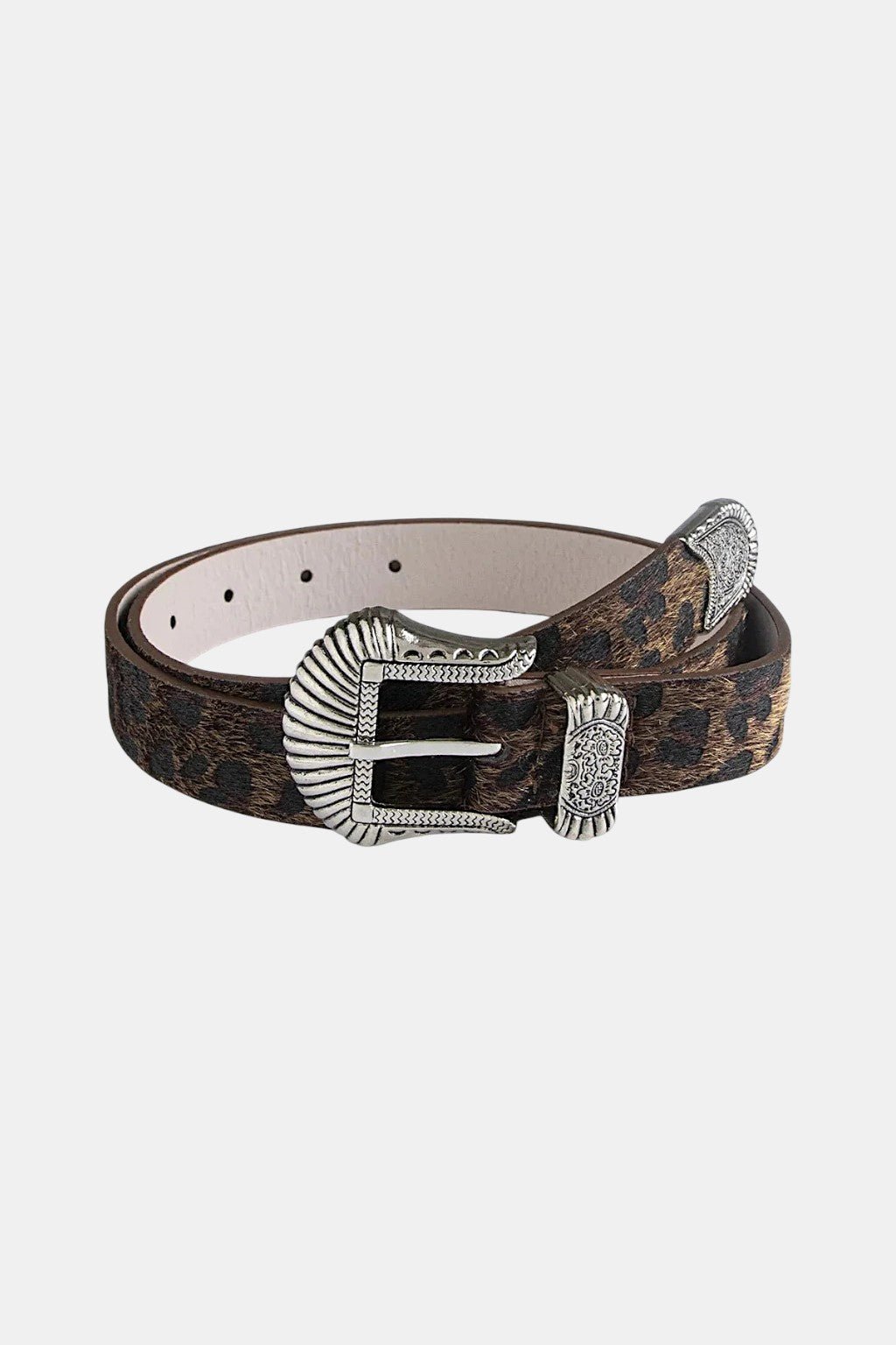 Leopard Belt - leopard calf hair belt with engraved western buckle, front view