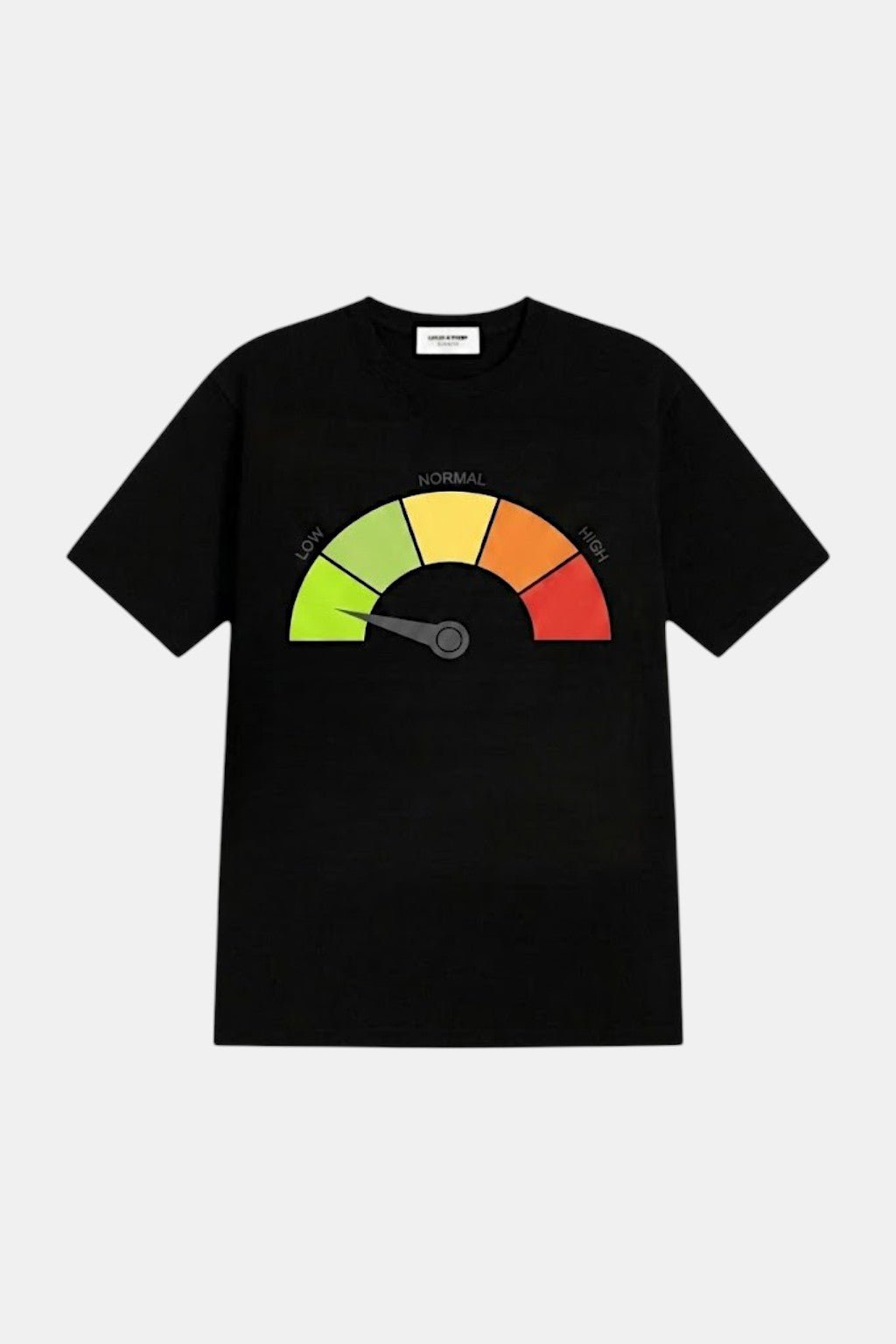 Low Cortisol T Shirt - black t-shirt with stress meter gauge graphic, front view