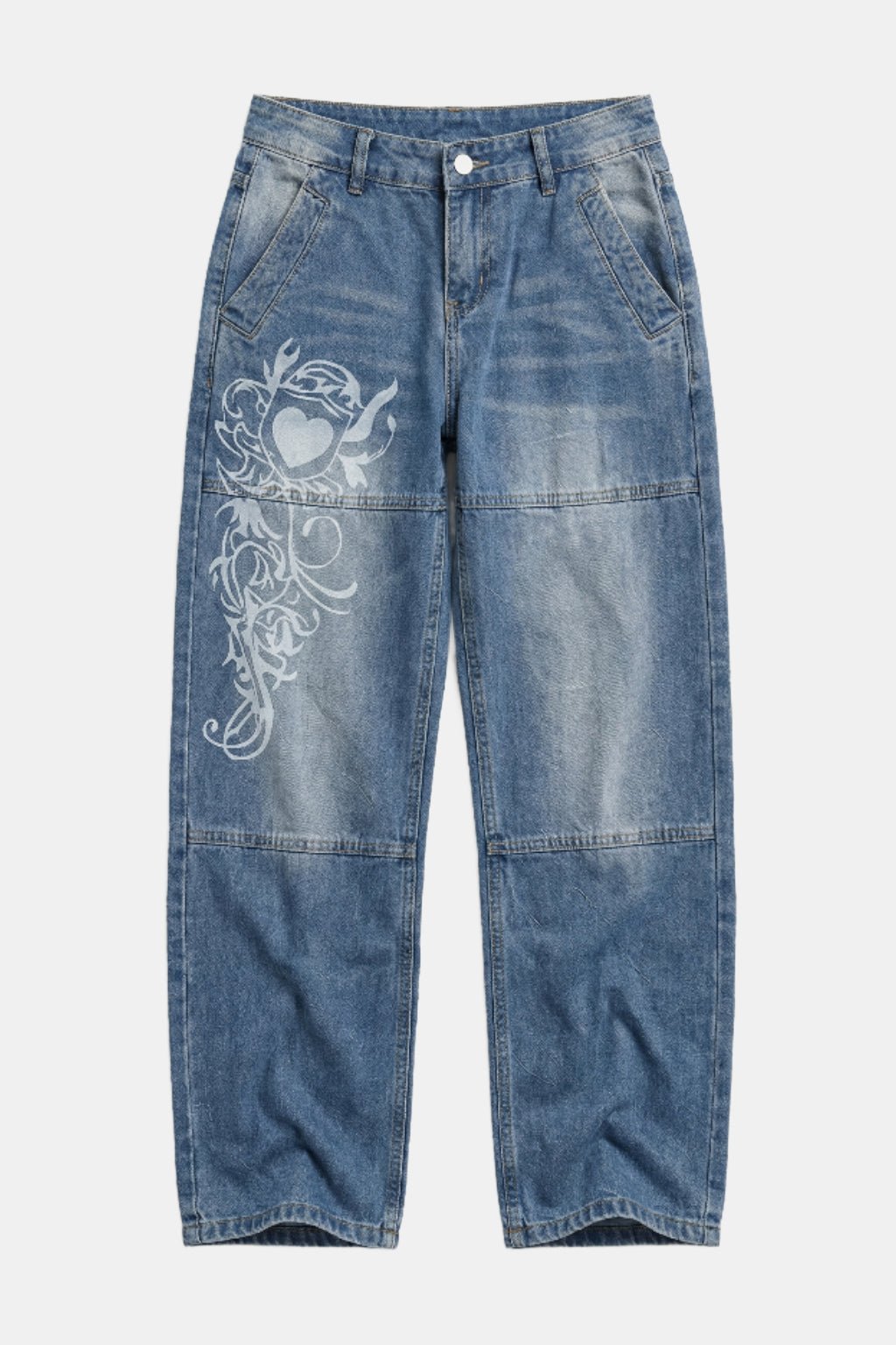 Low Rise Y2K Jeans - low rise denim jeans with vine graphic at hip, front view
