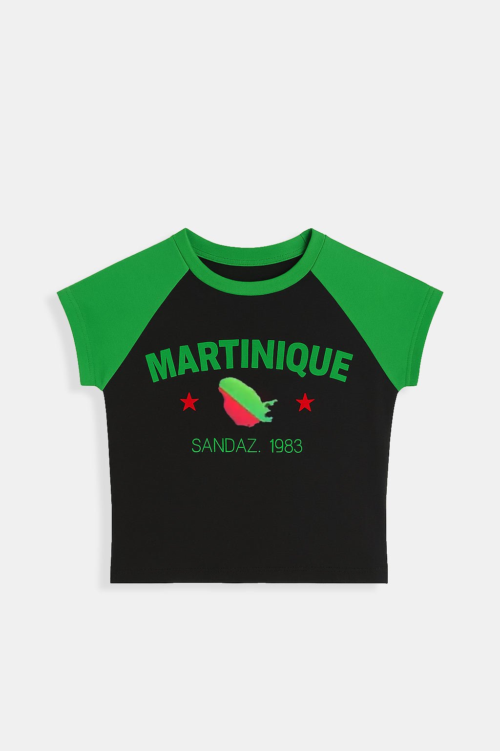 Martinique T Shirt - black and green raglan t-shirt with Martinique graphic, front view