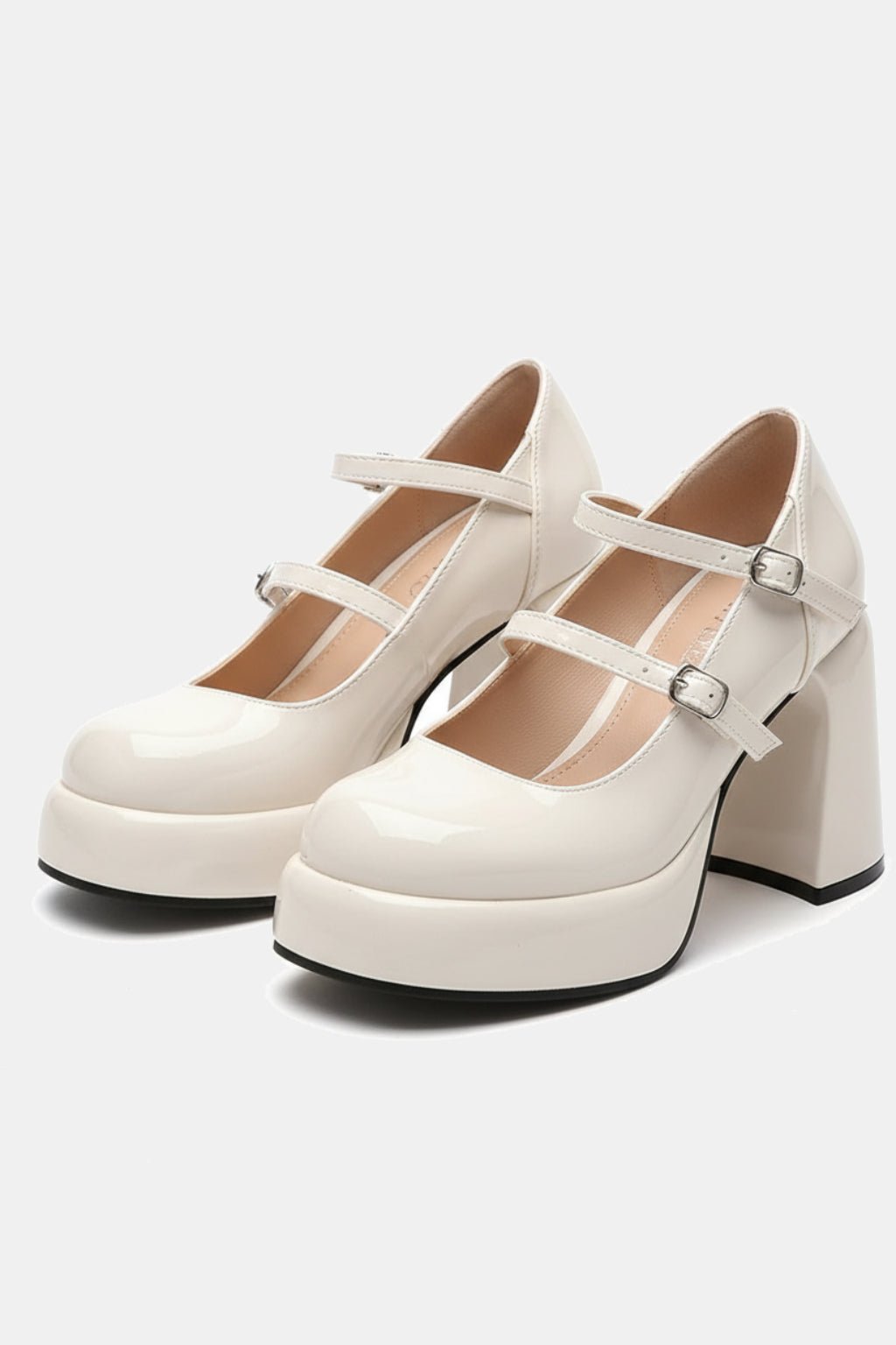 Mary Jane Pump - cream patent double strap Mary Jane pumps, front view