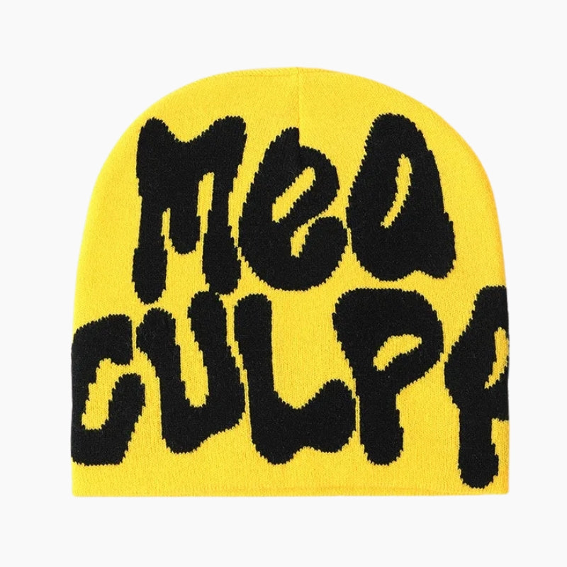 Mea Culpa Beanie - yellow and black beanie with bubble type graphic, front view