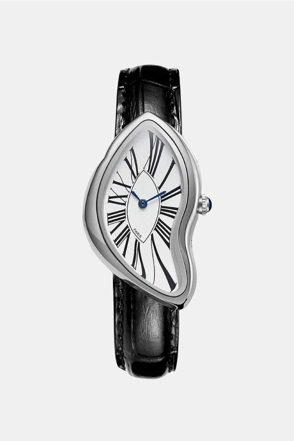 Melting Watch - silver watch with warped surreal case shape, front view