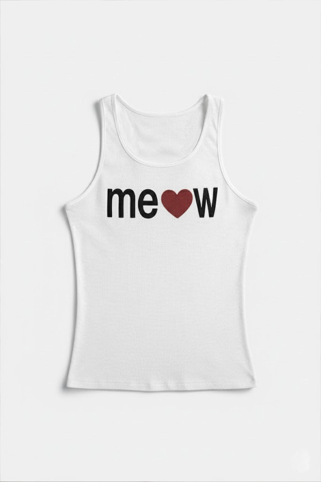 Meow T Shirt - white tank top with Meow text and heart graphic, front view