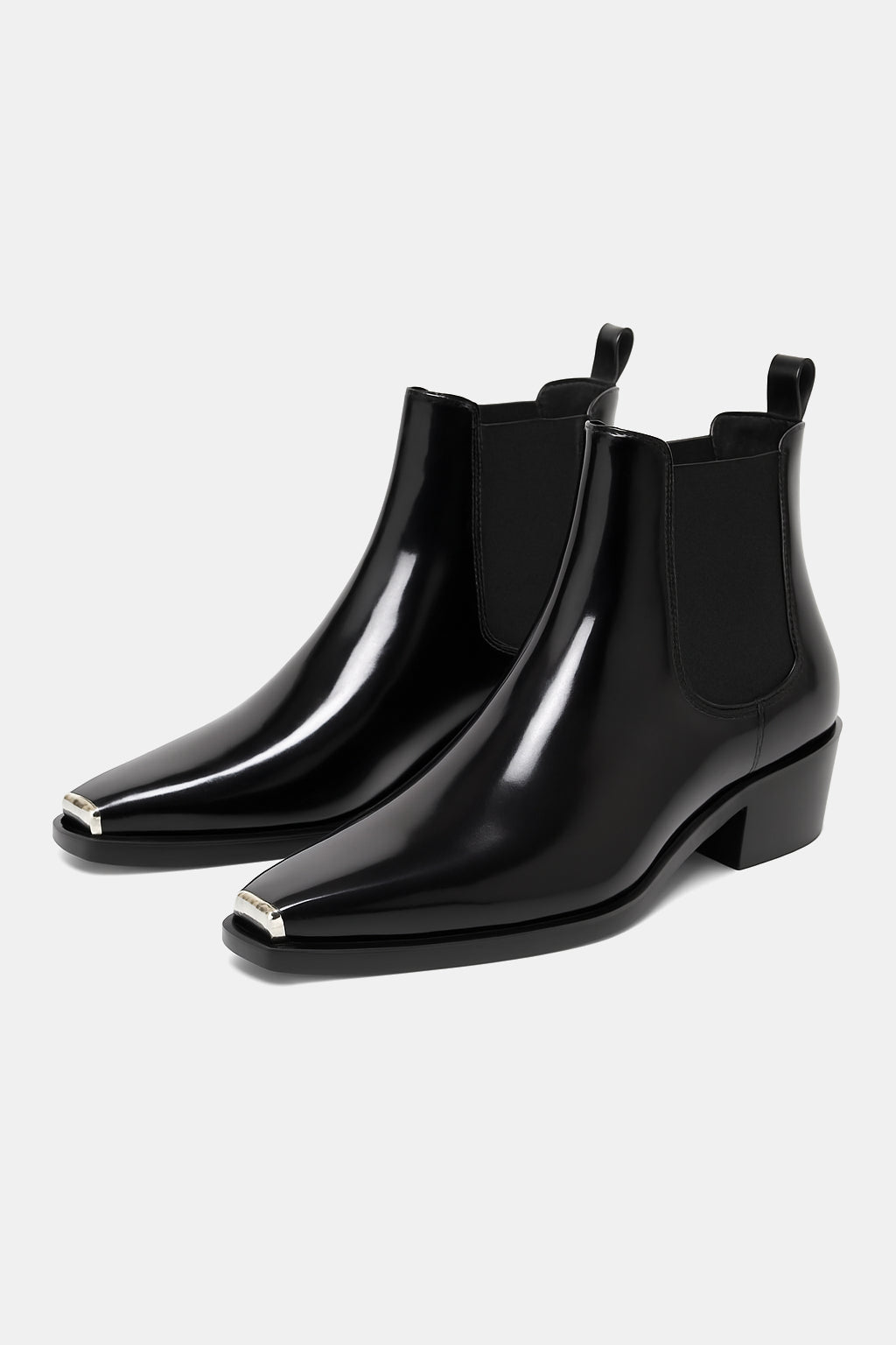 Metal Toe Ankle Boots - black Chelsea boots with sculpted metal toe cap, front view