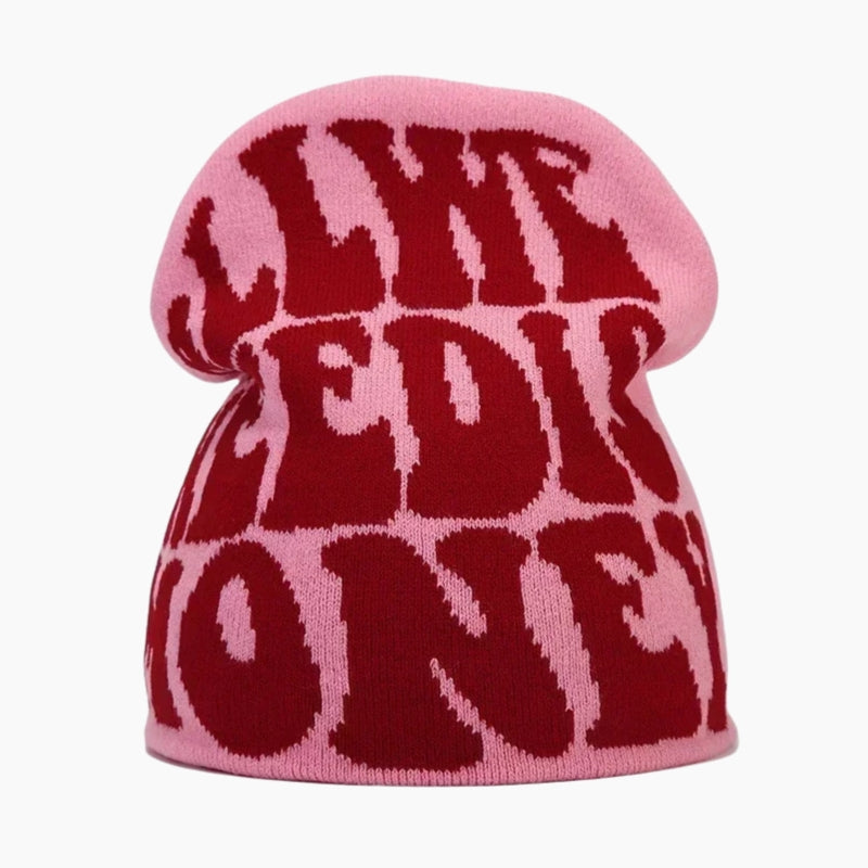 Millennium Beanie - pink beanie with layered tonal bubble text graphic, front view