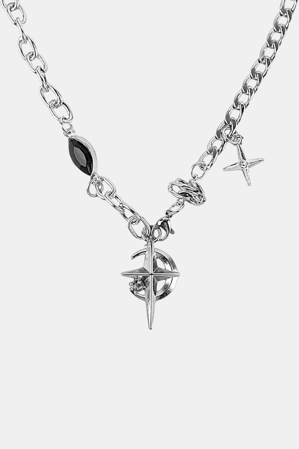 Moon And Star Necklace - chain necklace with clustered star and cross charms, front view