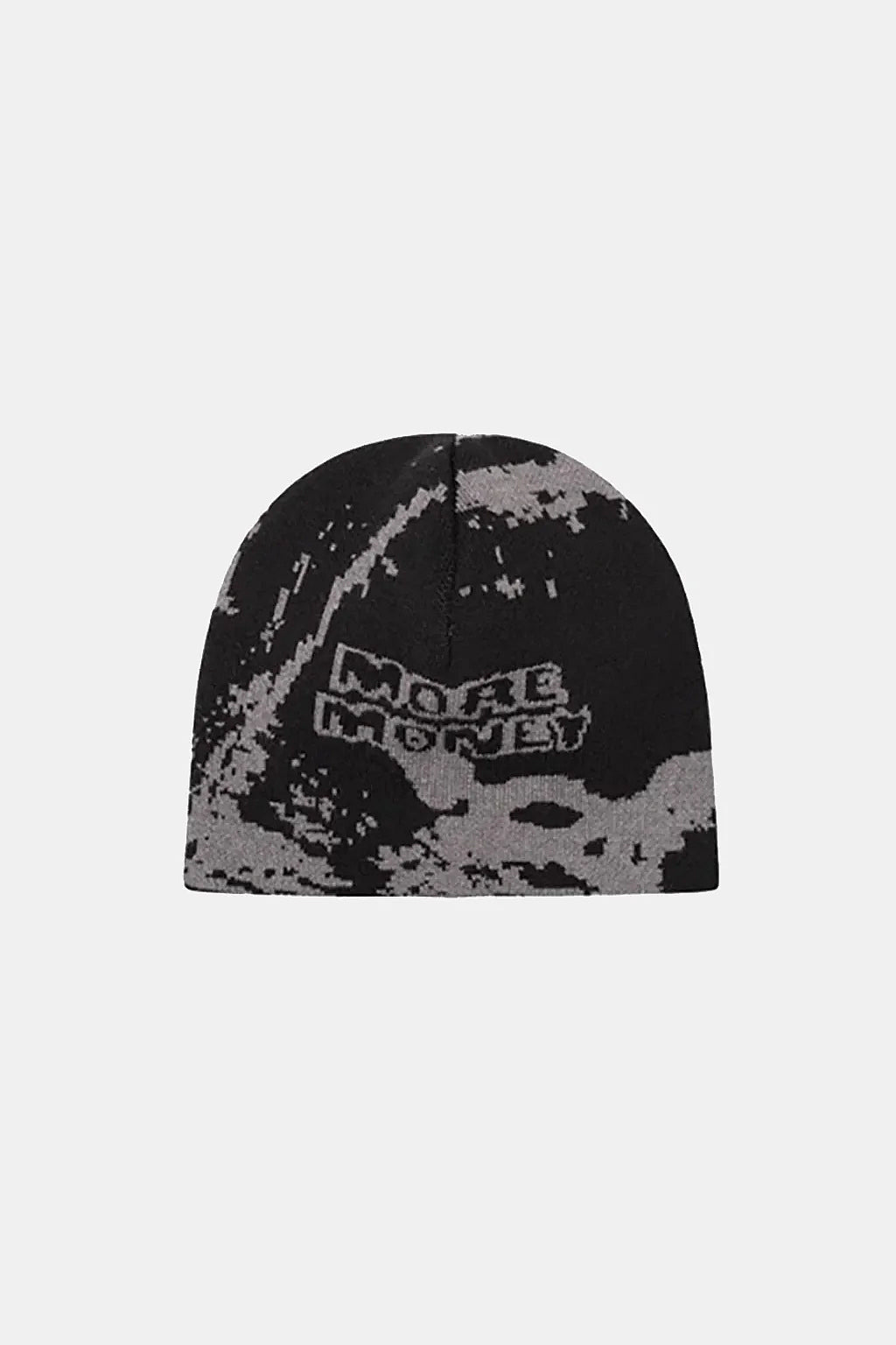 More Money Beanie - mottled grey beanie with bold text graphic, front view