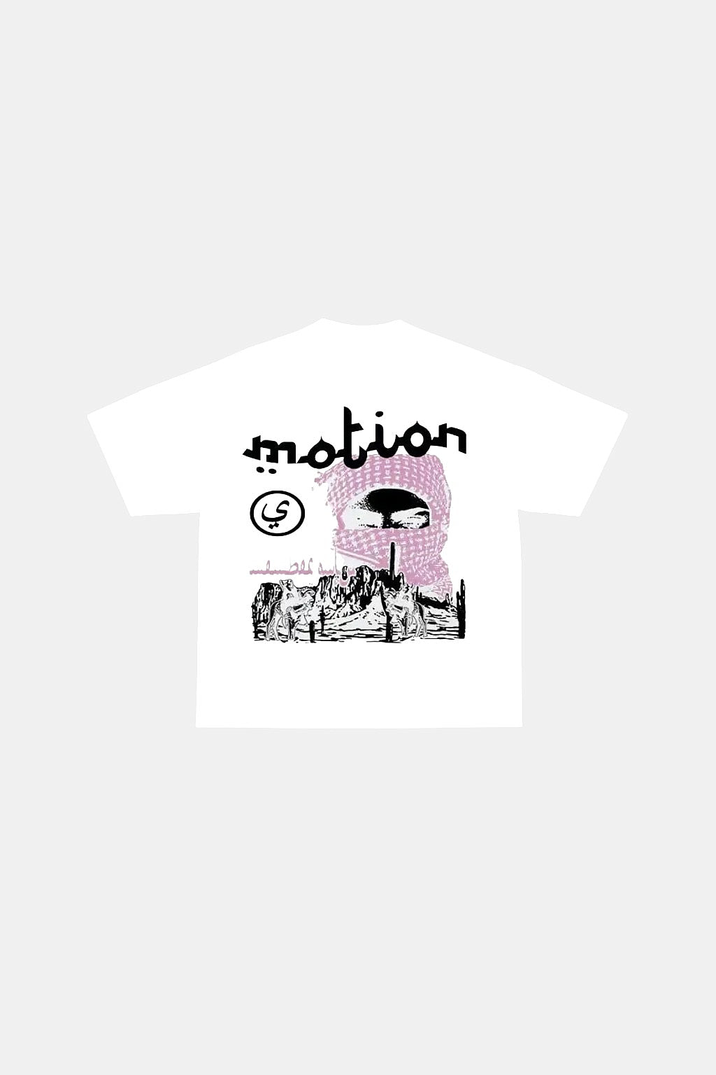Motion T Shirt - white t-shirt with handwritten Motion wordmark and sketch graphic, front view