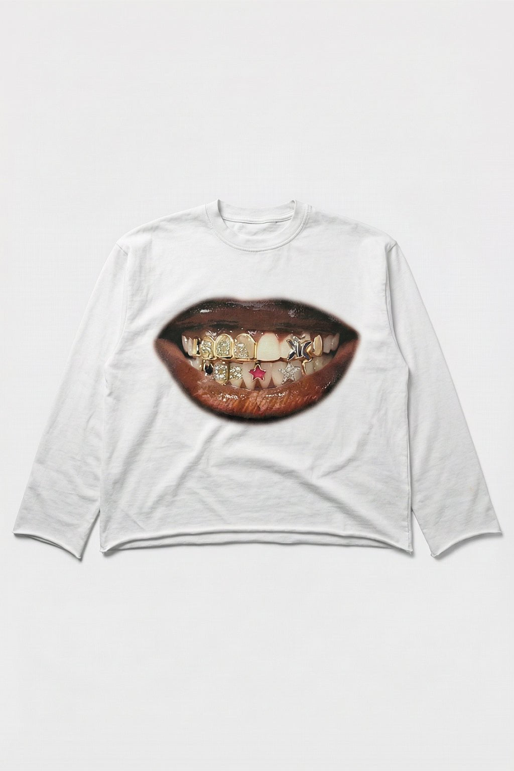 Mouth T Shirt - white cropped long sleeve with mouth and grillz graphic, front view