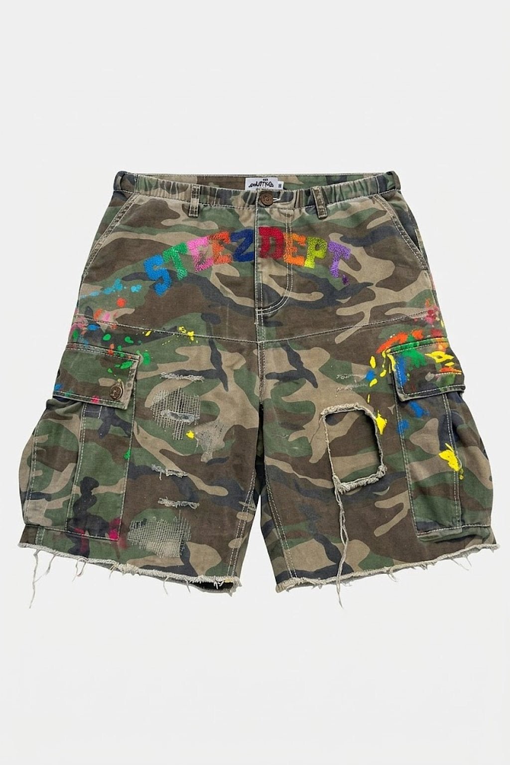 Multicolor Jorts - camo cargo shorts with paint splatter print, front view