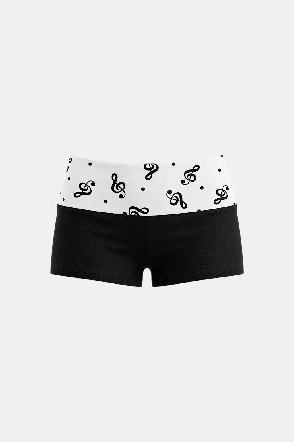 Music Short - black fitted shorts with music note print foldover waistband, front view