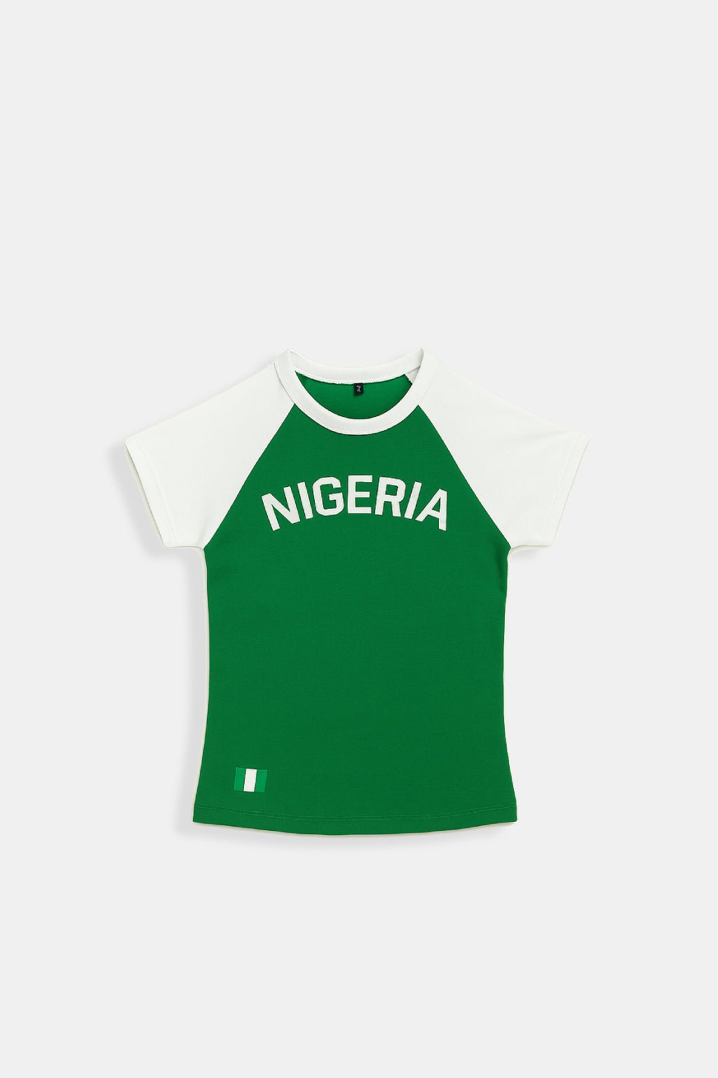 Nigeria T Shirt - green and cream raglan t-shirt with Nigeria graphic, front view