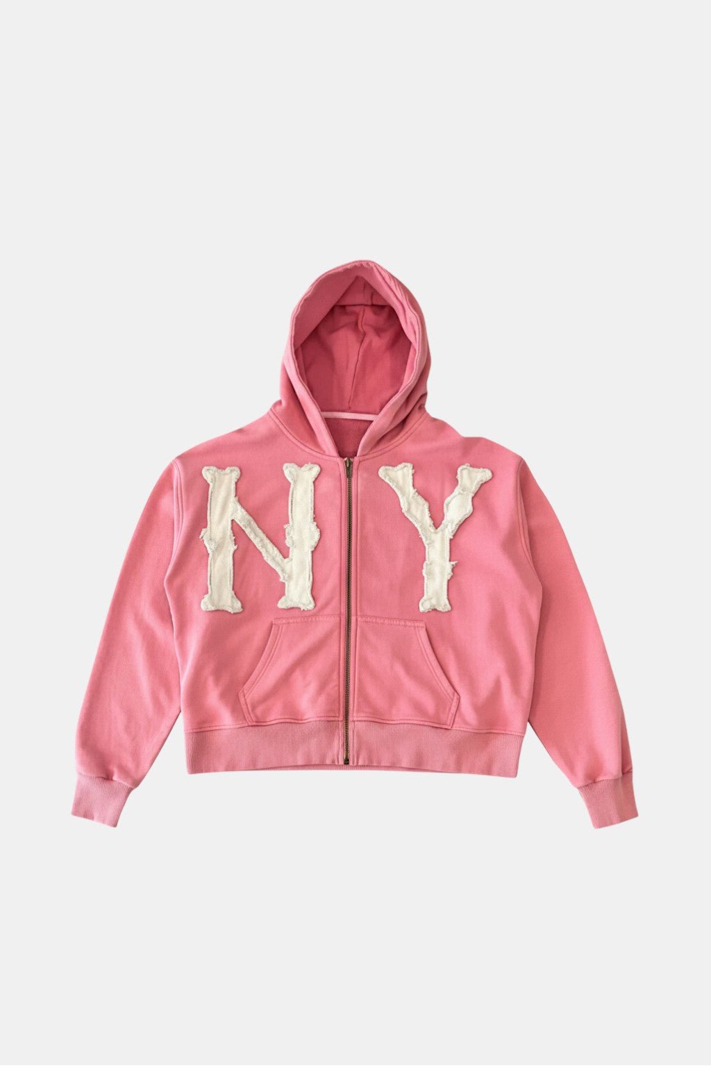 Ny Sweatshirt - pink cropped zip hoodie with chenille NY letter patch, front view