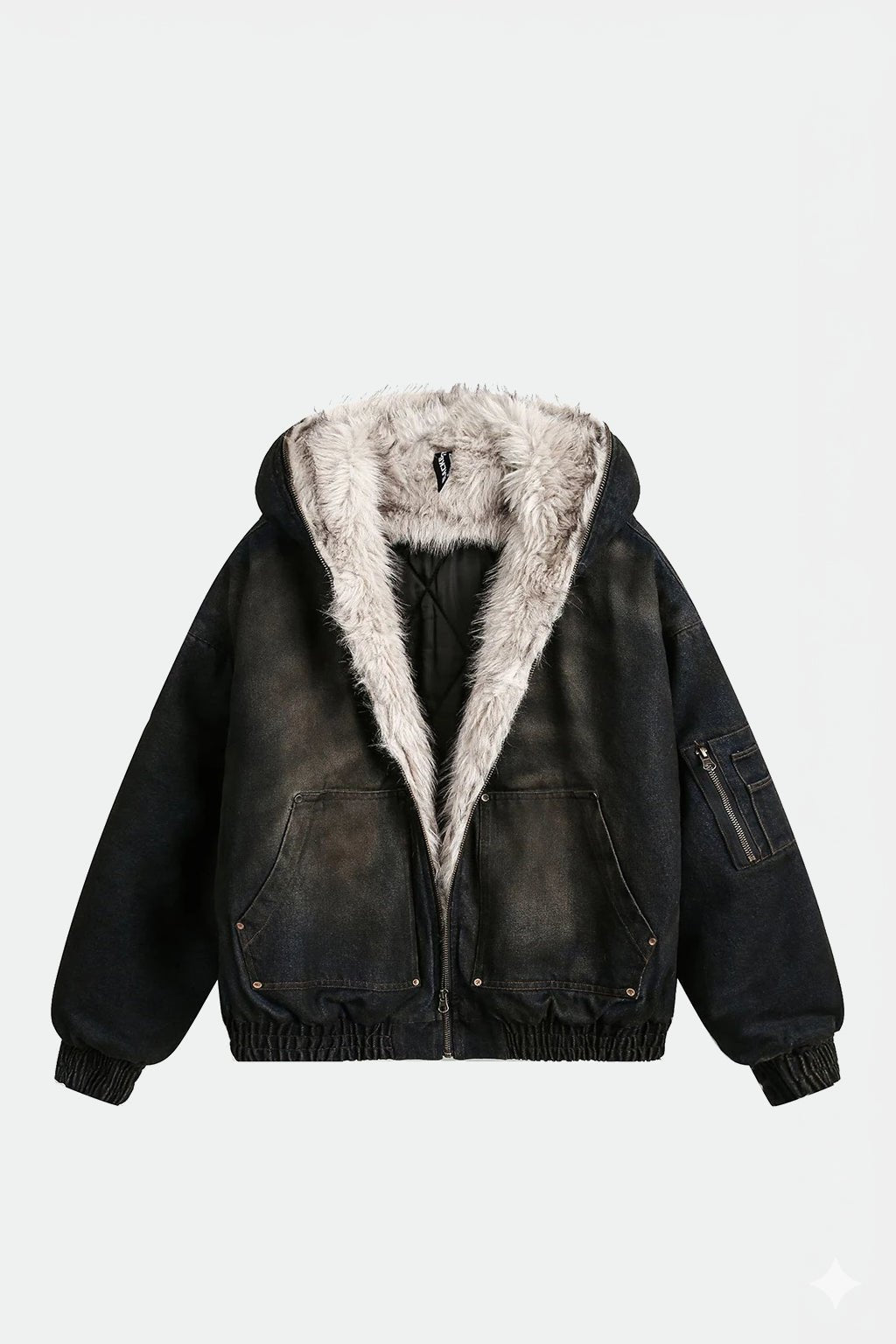 Opium Coat - distressed black leather-look coat with oversized shearling collar, front view