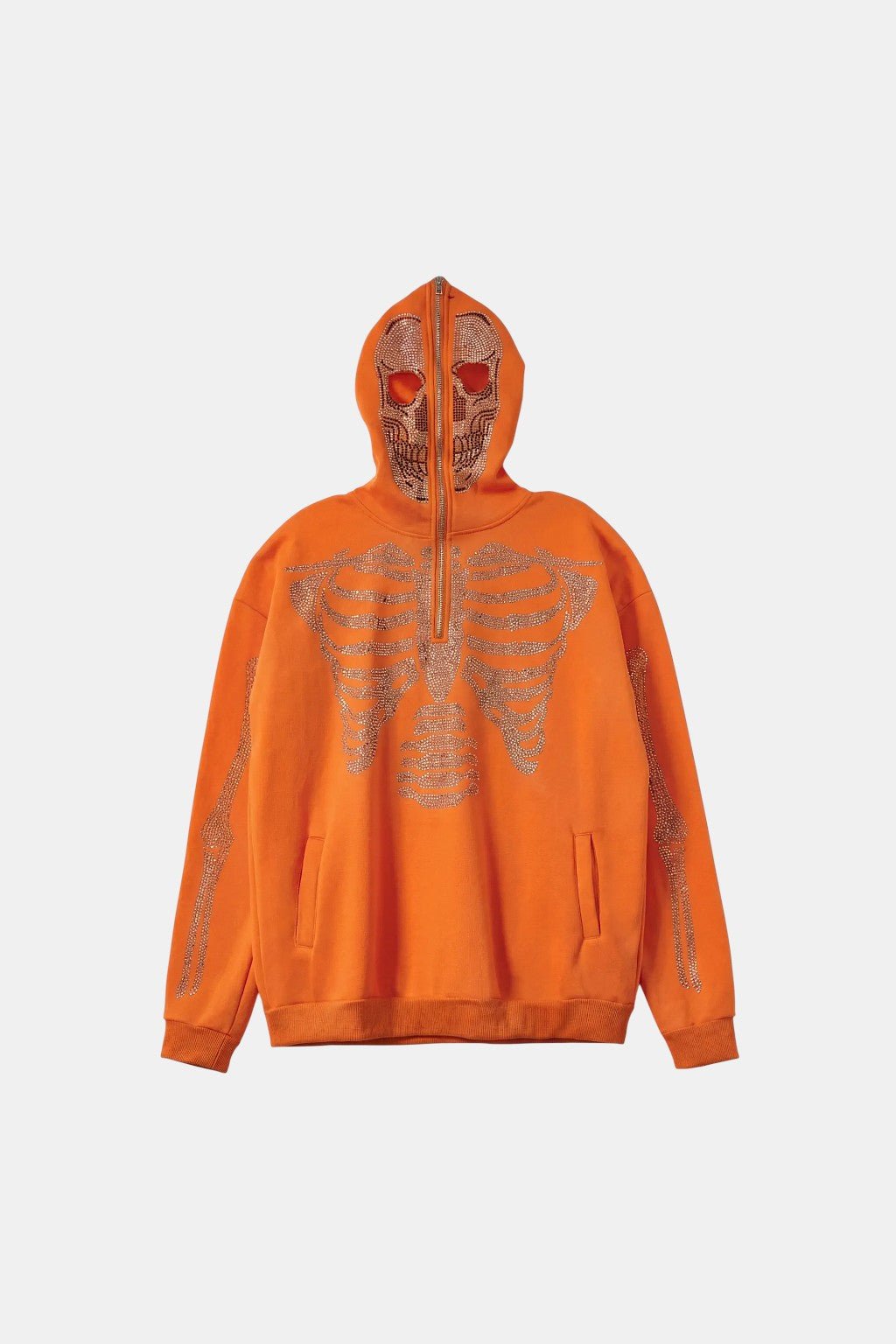 Orange Full Zip Hoodie - orange zip hoodie with skull and wing hood graphic, front view