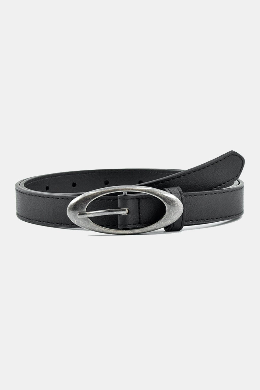 Oval Buckle Belt - black slim belt with polished oval buckle, front view
