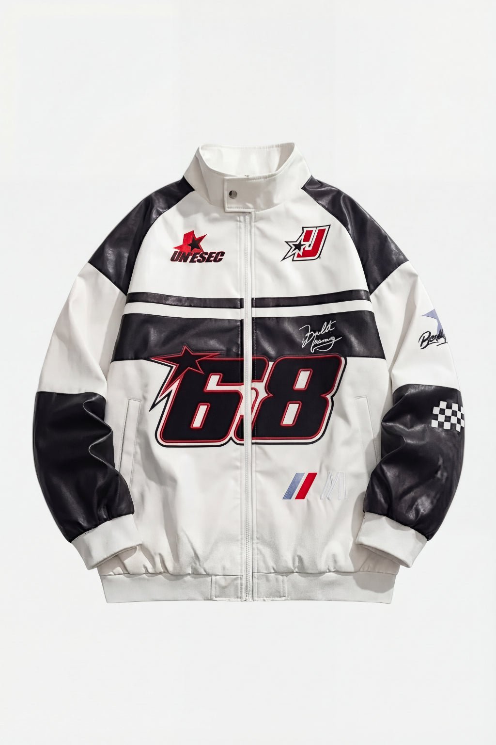 Oversized Racing Jacket - white and black racing jacket with sponsor patches and number 68 graphic, front view
