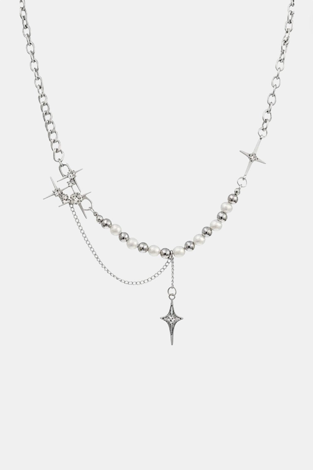 Pearl And Cross Necklace - chain necklace with star charm and pearl drop, front view