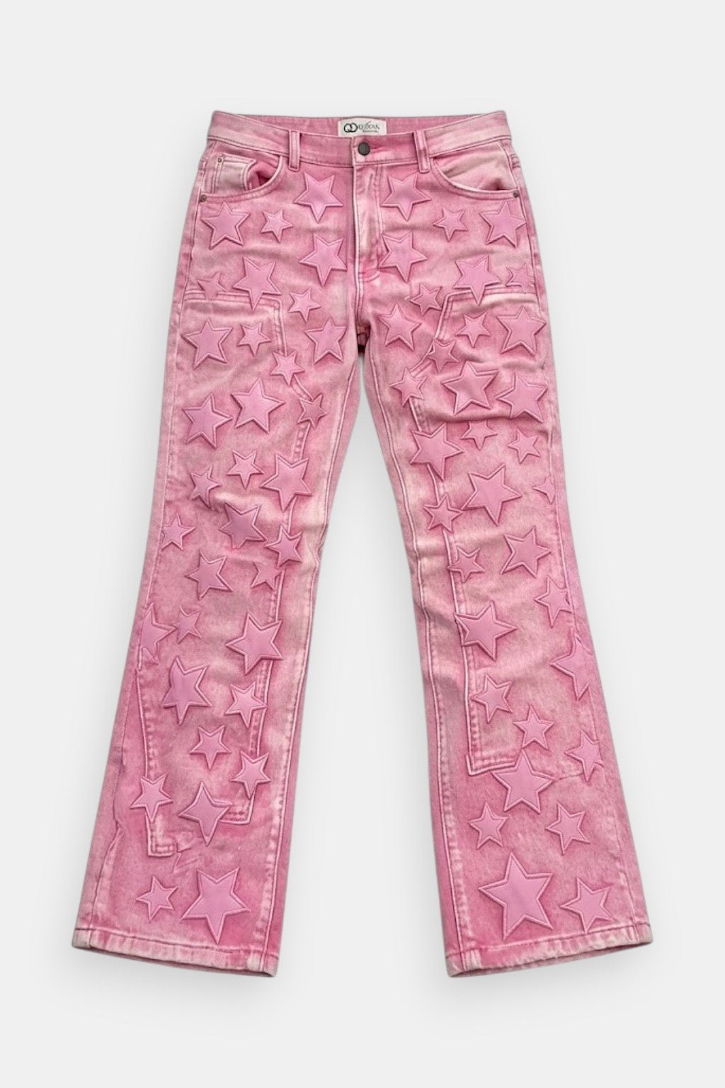 Pink Jeans With Star - pink flared jeans with tonal star print, front view