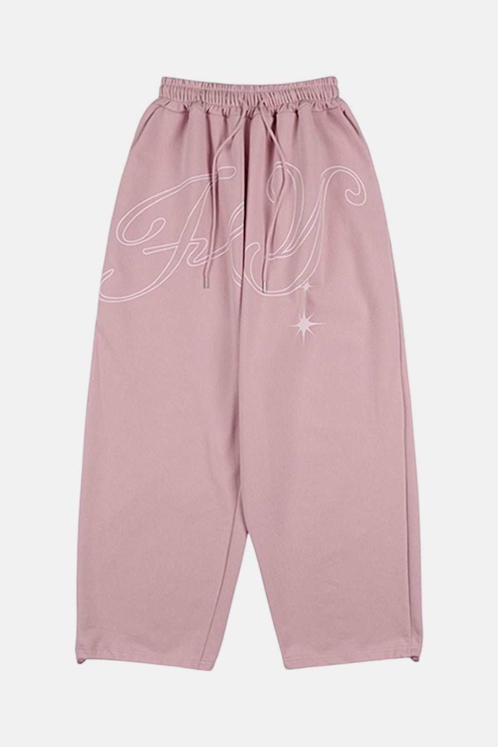 Pink Star Cursive Joggers - pink wide leg joggers with cursive script graphic, front view