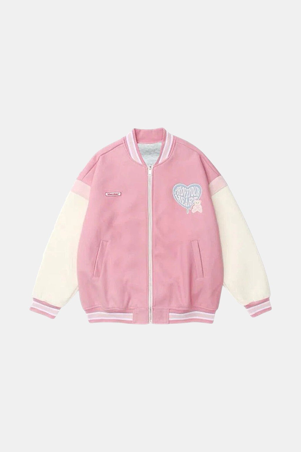 Pink Varsity Jacket - pink and cream varsity jacket with heart and star patch, front view