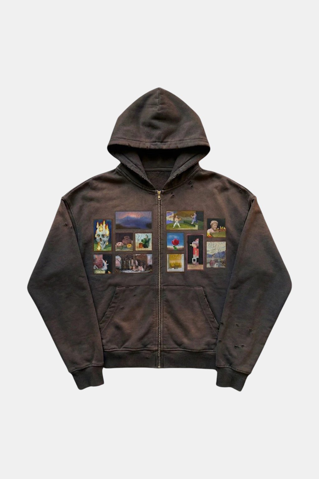 Pixel Hoodie - distressed brown hoodie with vintage art and pixel graphic collage grid, front view
