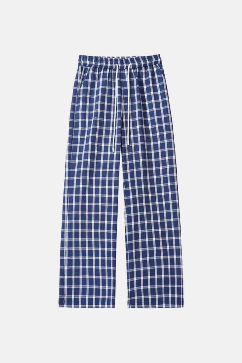 Plaid Pants - navy and white plaid trousers with drawstring waist, front view
