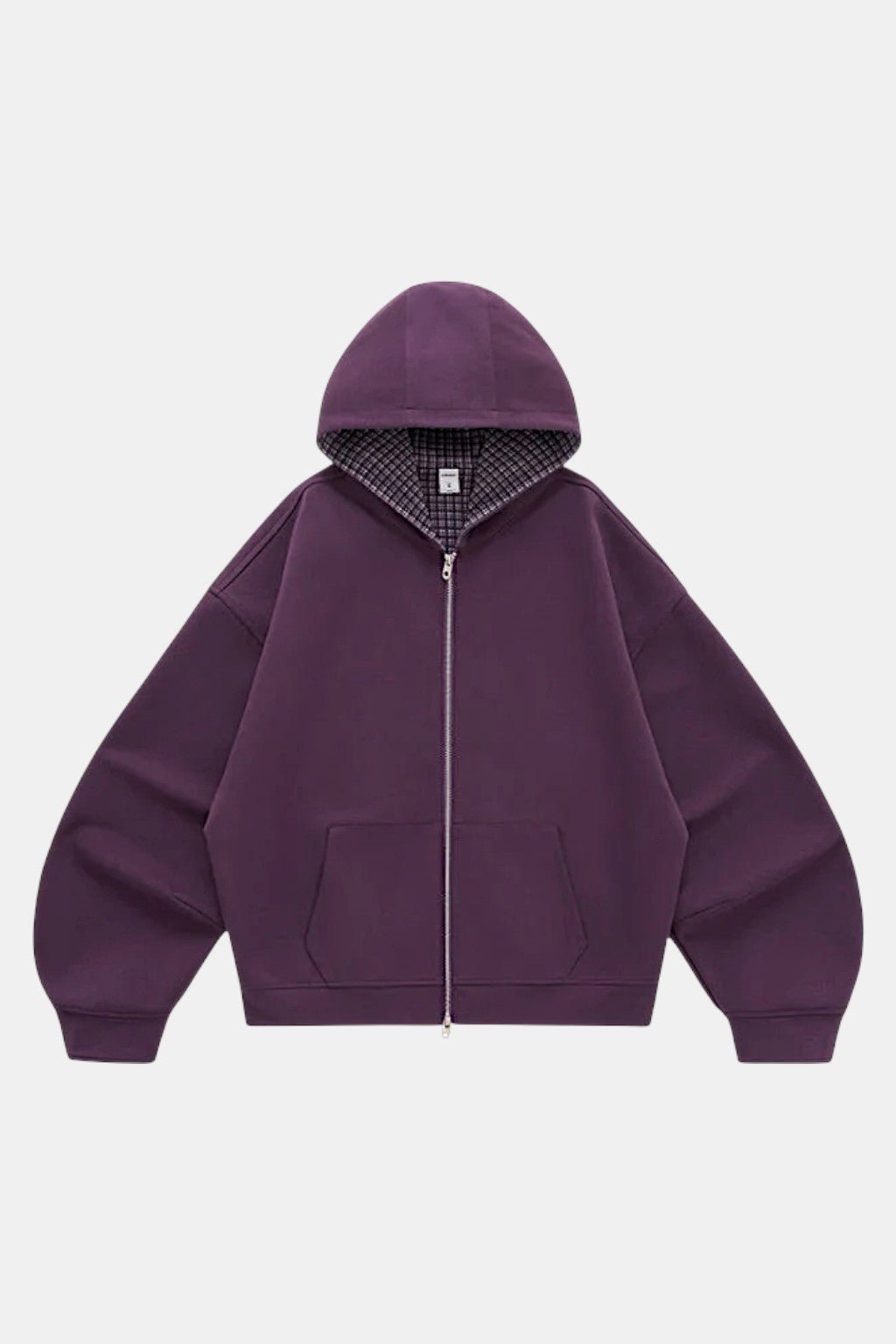 Plaid Sweatshirt - deep purple hoodie with hidden tartan lining in hood, front view